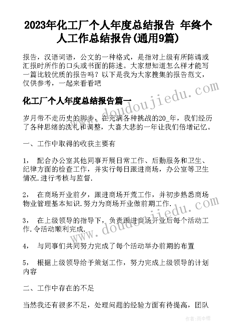 2023年化工厂个人年度总结报告 年终个人工作总结报告(通用9篇)