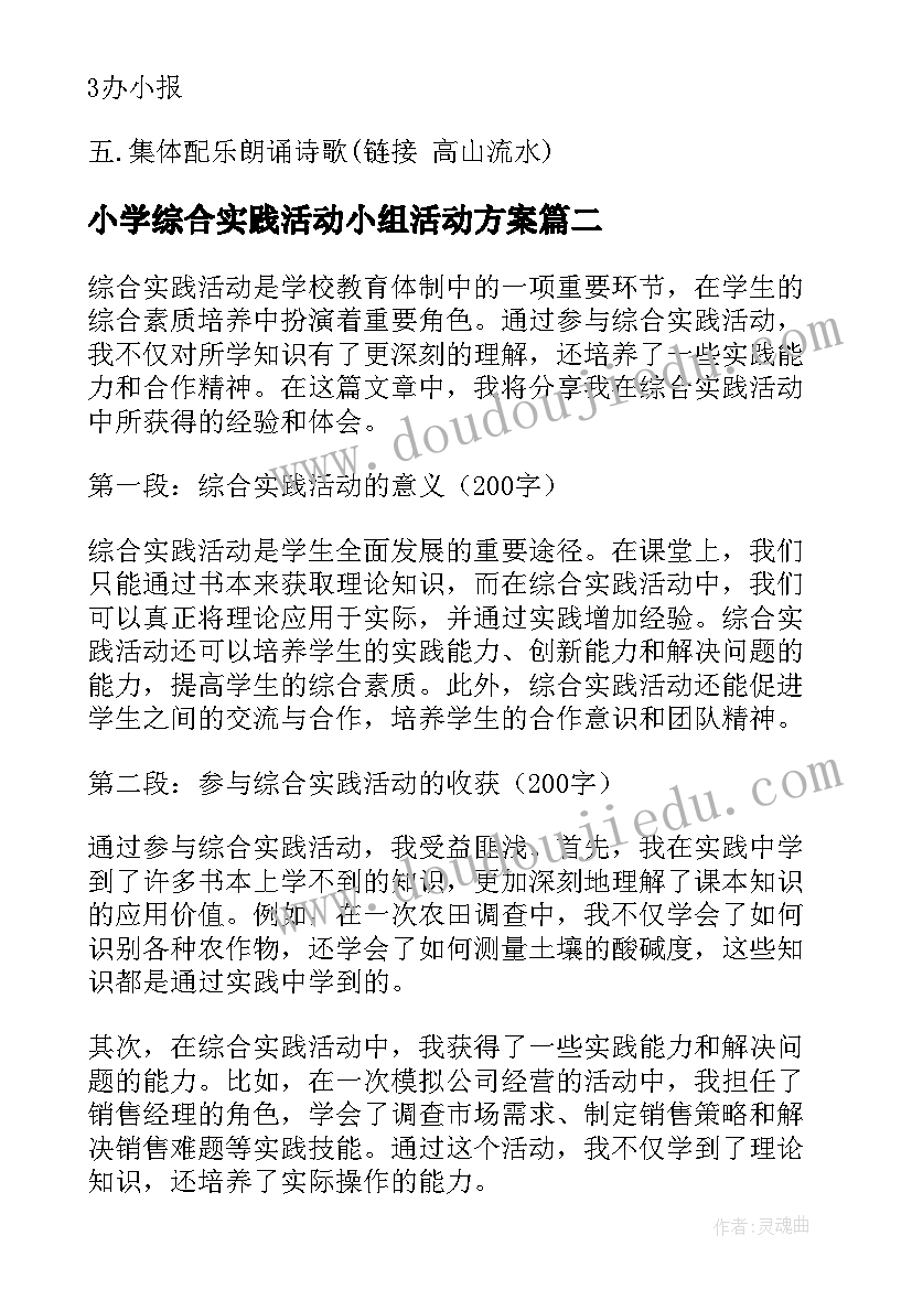 小学综合实践活动小组活动方案 综合实践活动(精选9篇)