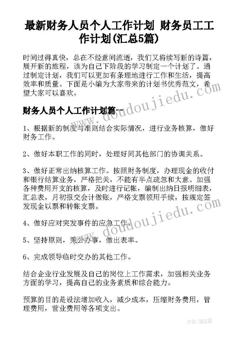 最新财务人员个人工作计划 财务员工工作计划(汇总5篇)