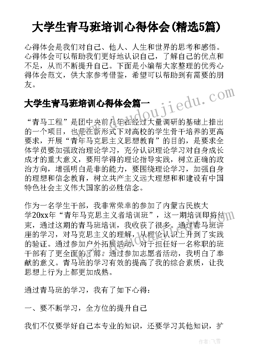 大学生青马班培训心得体会(精选5篇)