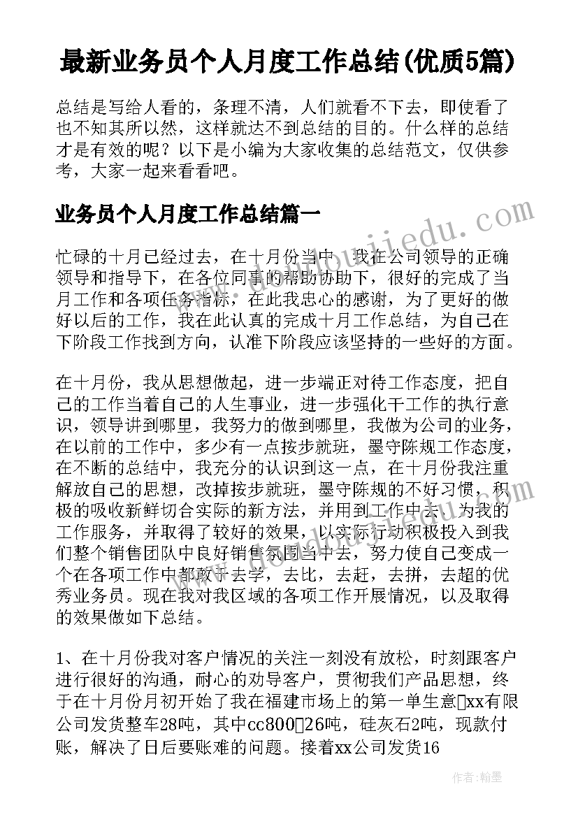 最新业务员个人月度工作总结(优质5篇)