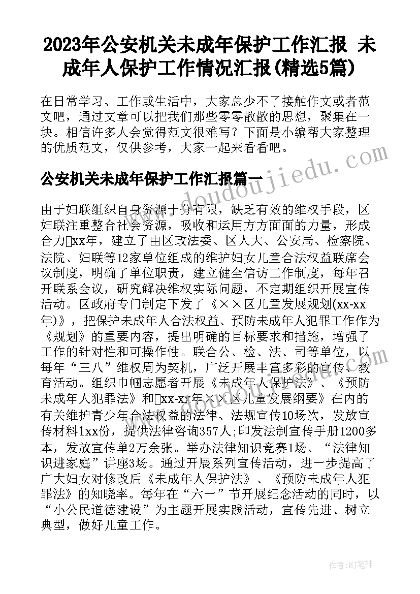 2023年公安机关未成年保护工作汇报 未成年人保护工作情况汇报(精选5篇)