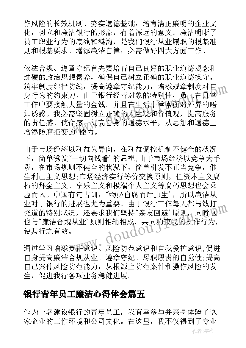 银行青年员工廉洁心得体会(精选5篇)