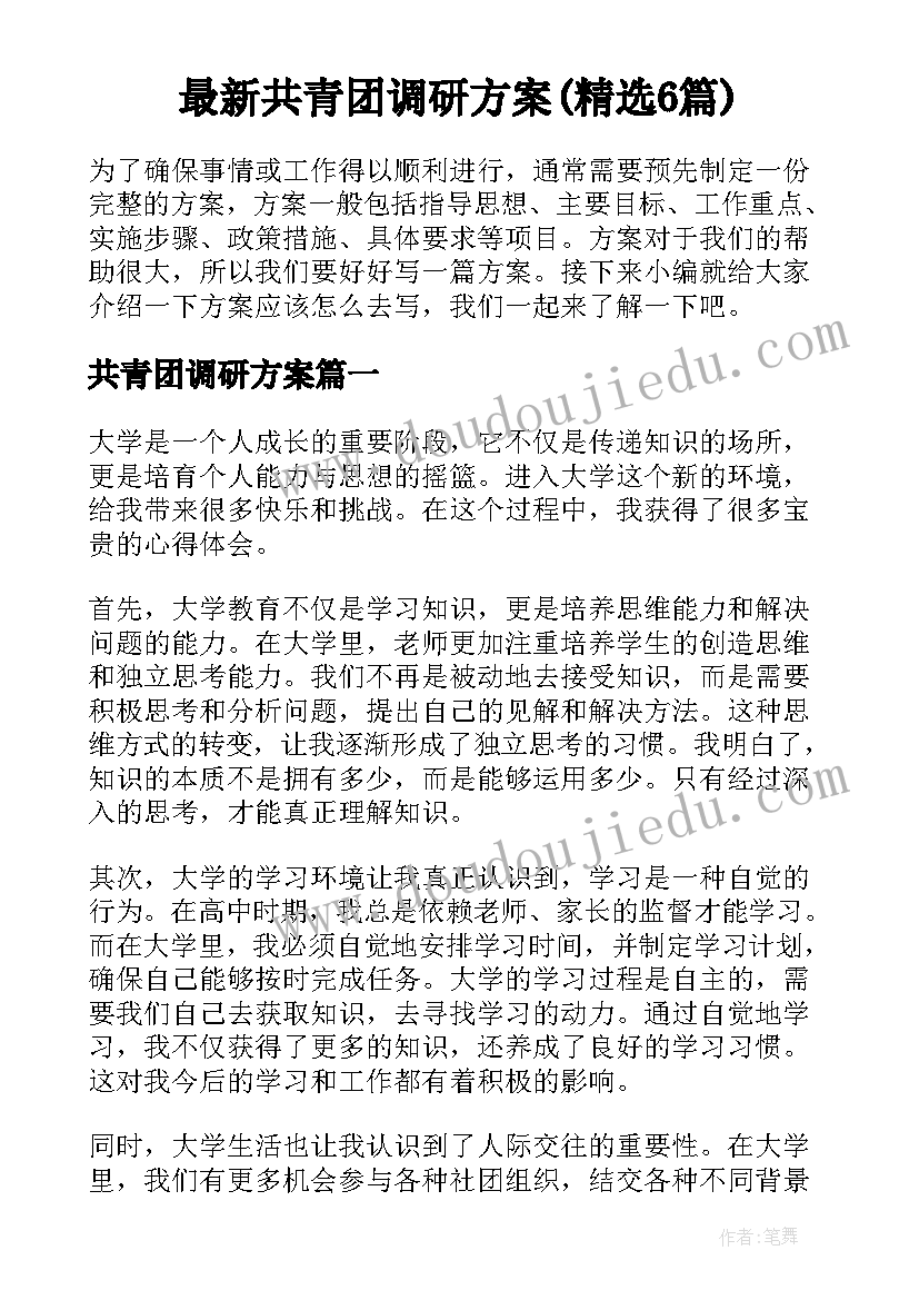 最新共青团调研方案(精选6篇)