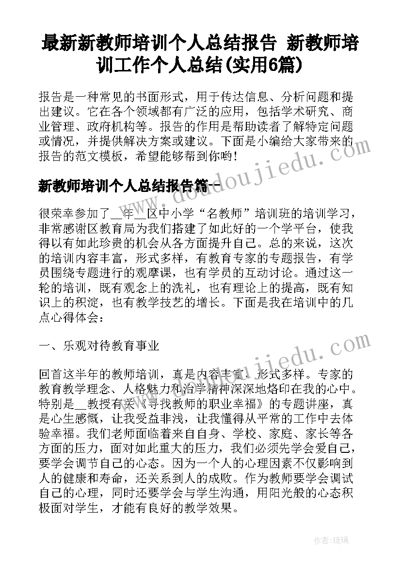 最新新教师培训个人总结报告 新教师培训工作个人总结(实用6篇)