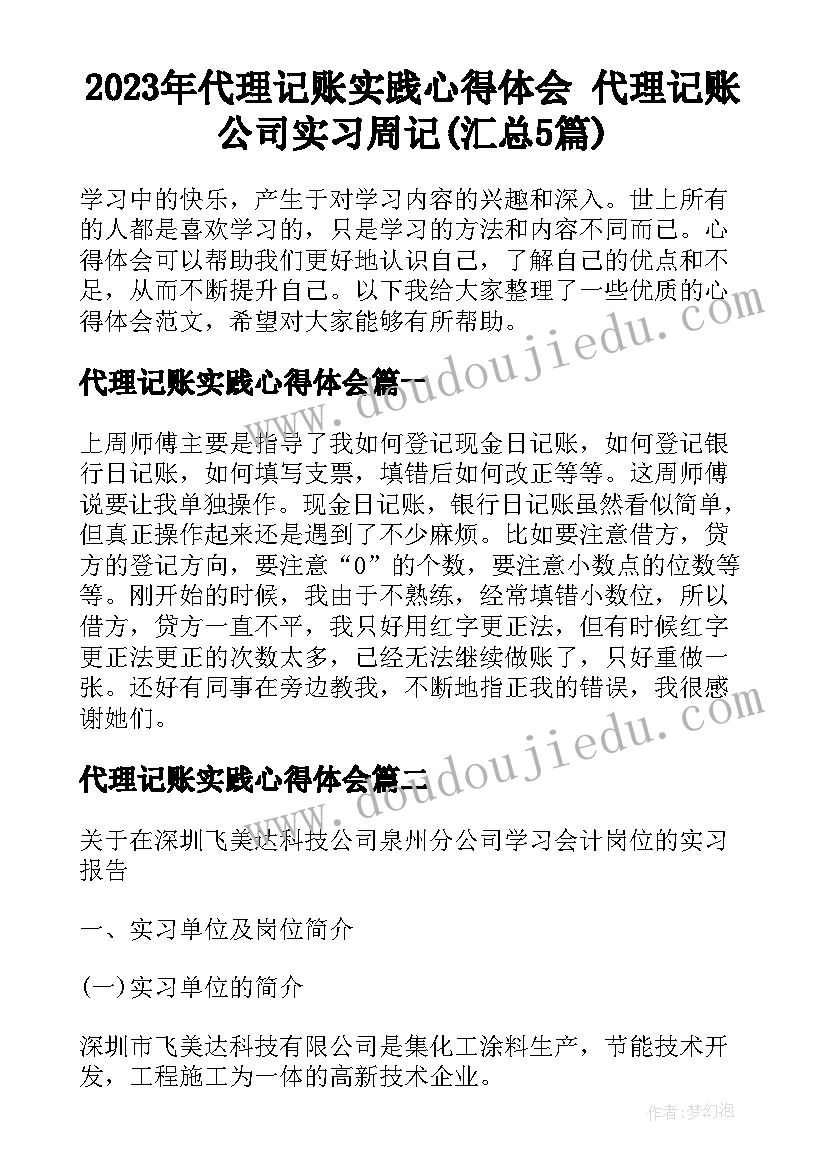 2023年代理记账实践心得体会 代理记账公司实习周记(汇总5篇)