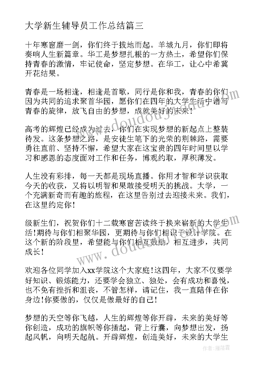 大学新生辅导员工作总结(汇总5篇)