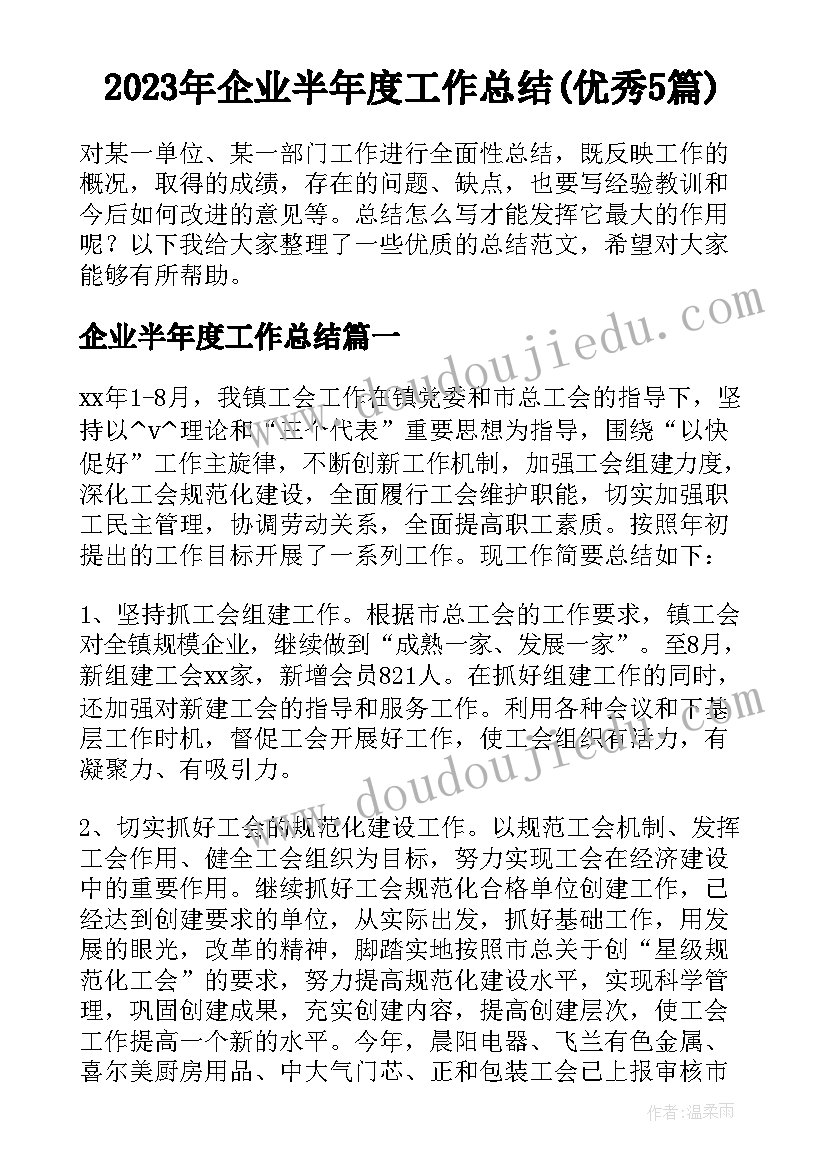 2023年企业半年度工作总结(优秀5篇)