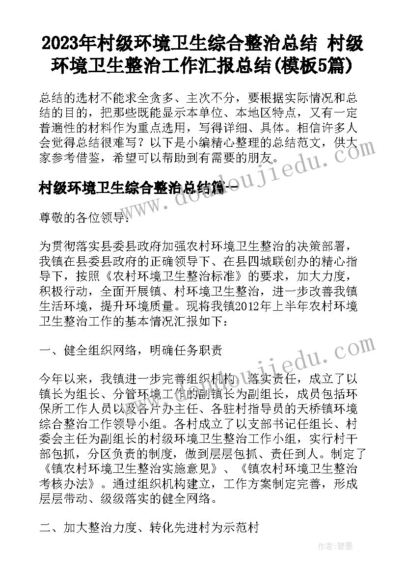 2023年村级环境卫生综合整治总结 村级环境卫生整治工作汇报总结(模板5篇)