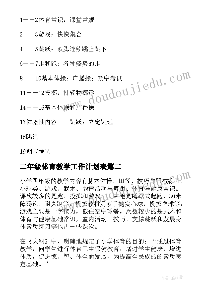 二年级体育教学工作计划表(优质5篇)