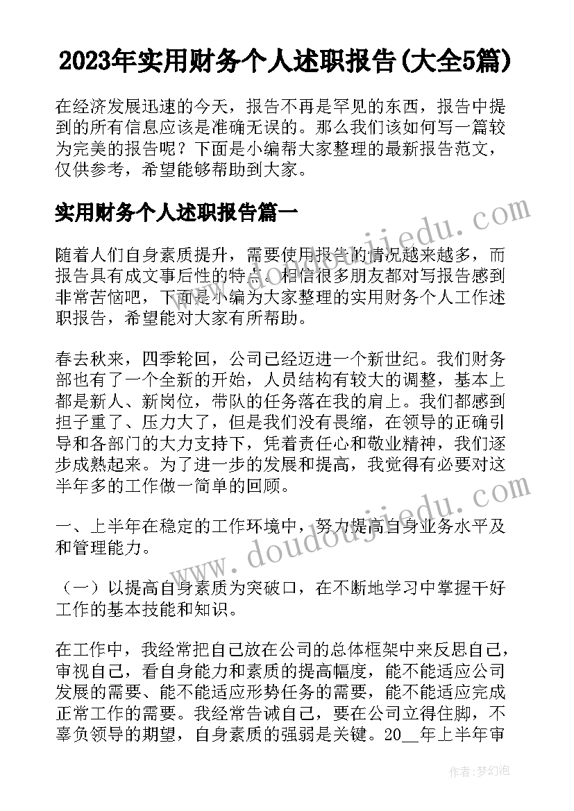 2023年实用财务个人述职报告(大全5篇)