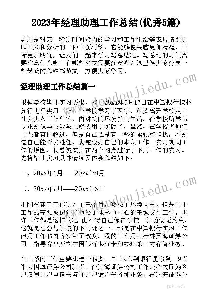 2023年经理助理工作总结(优秀5篇)