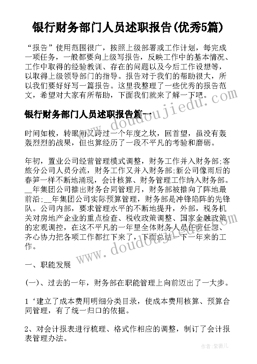 银行财务部门人员述职报告(优秀5篇)