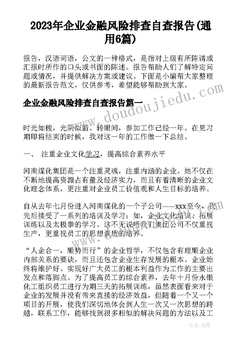 2023年企业金融风险排查自查报告(通用6篇)