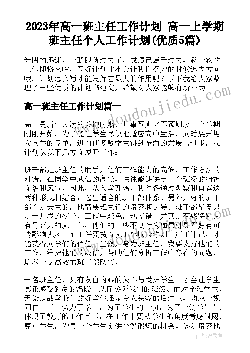 2023年高一班主任工作计划 高一上学期班主任个人工作计划(优质5篇)