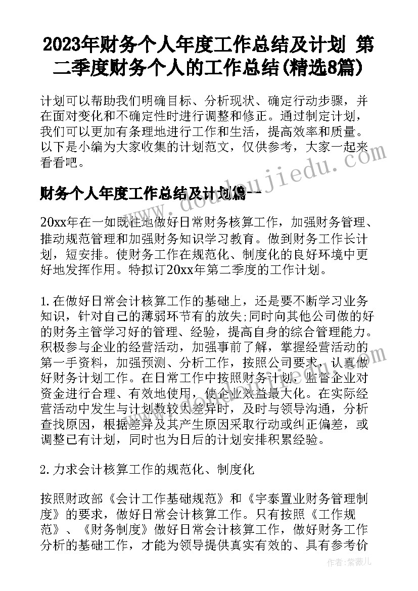 2023年财务个人年度工作总结及计划 第二季度财务个人的工作总结(精选8篇)