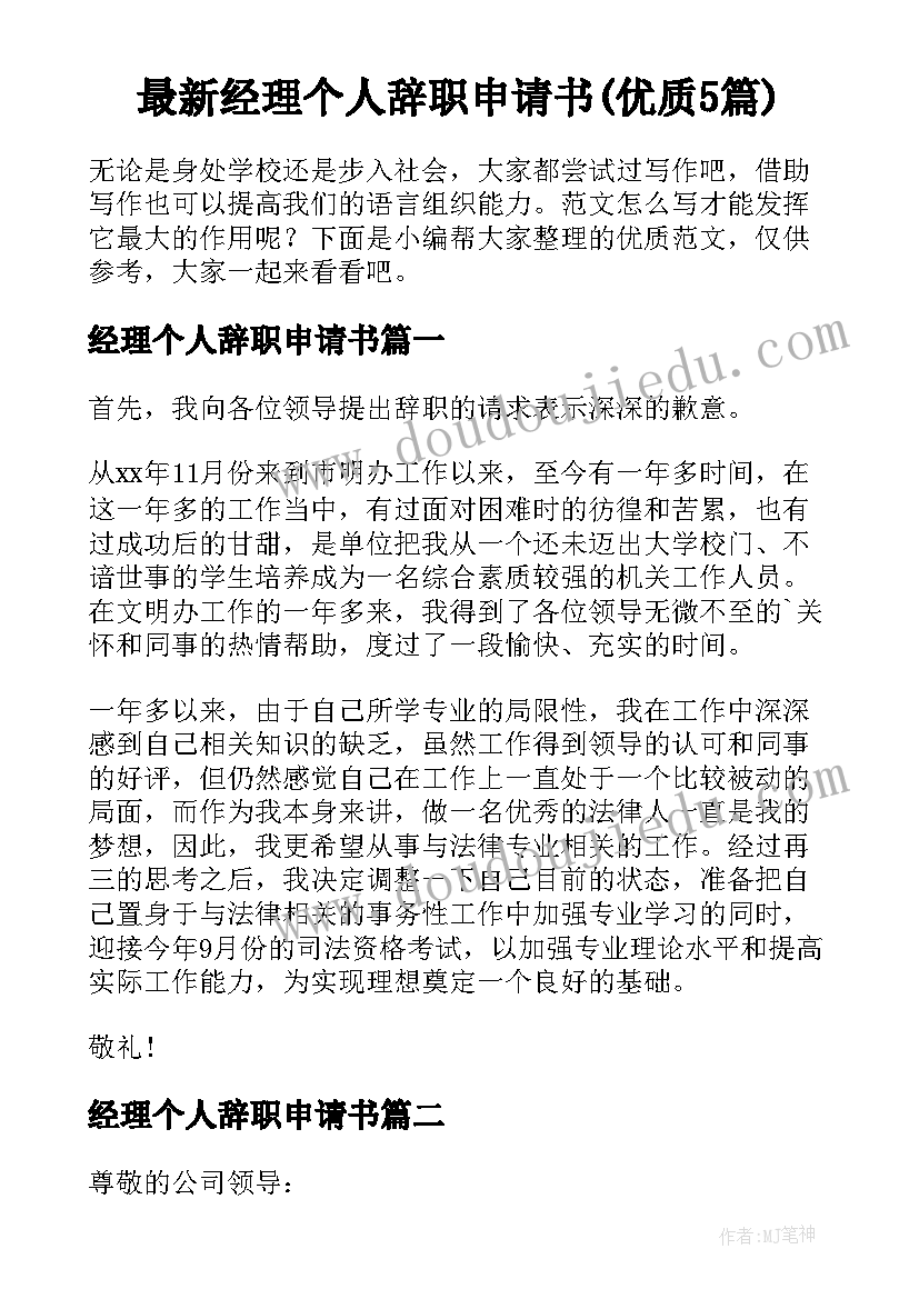 最新经理个人辞职申请书(优质5篇)