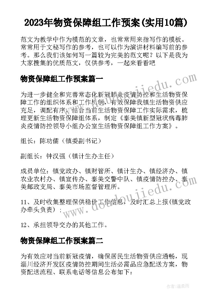 2023年物资保障组工作预案(实用10篇)