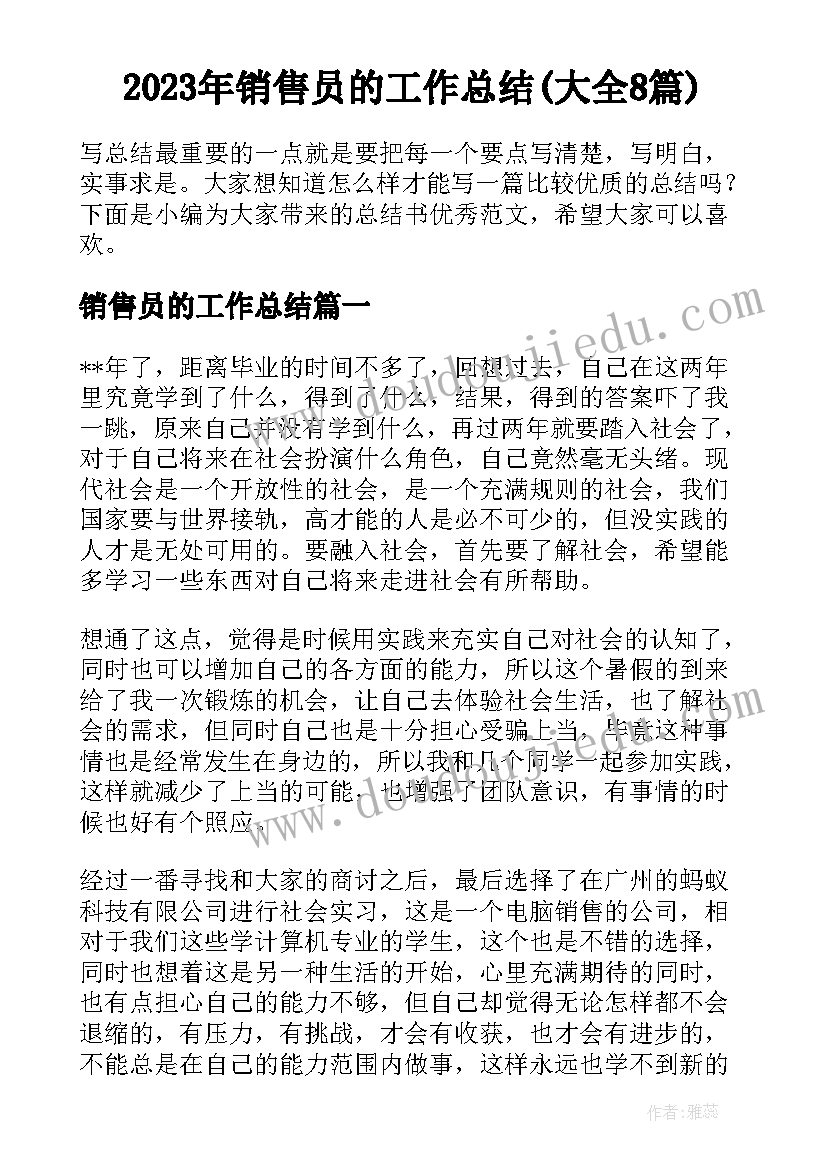 2023年销售员的工作总结(大全8篇)