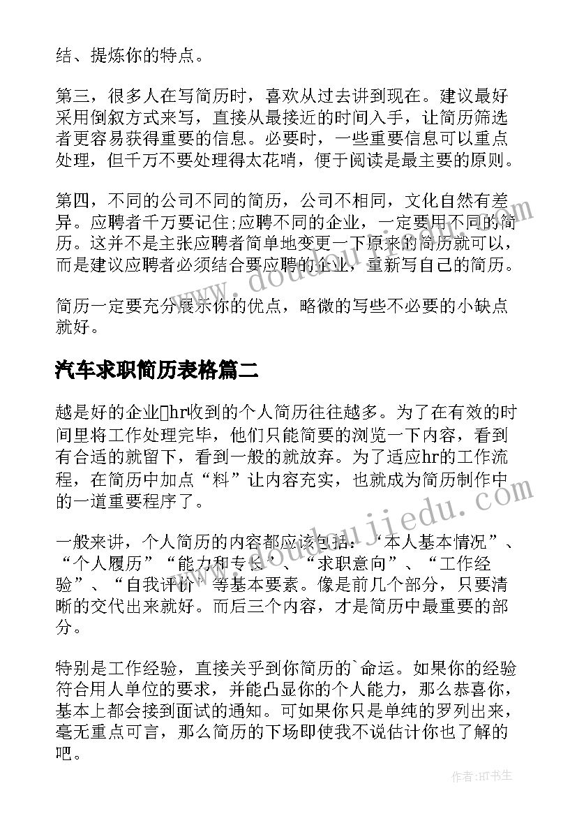 汽车求职简历表格 求职简历表格(大全10篇)