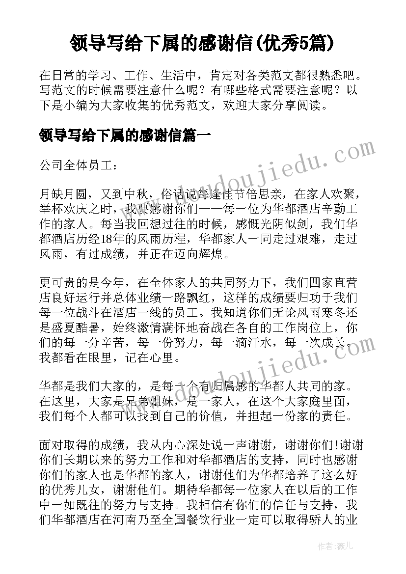 领导写给下属的感谢信(优秀5篇)