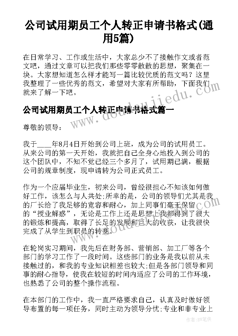 公司试用期员工个人转正申请书格式(通用5篇)