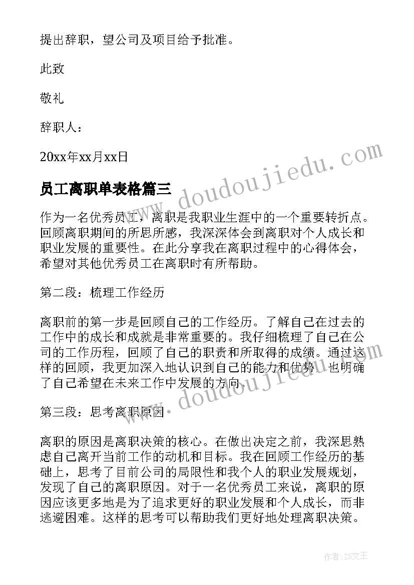 最新员工离职单表格 员工离职工作离职报告(大全6篇)