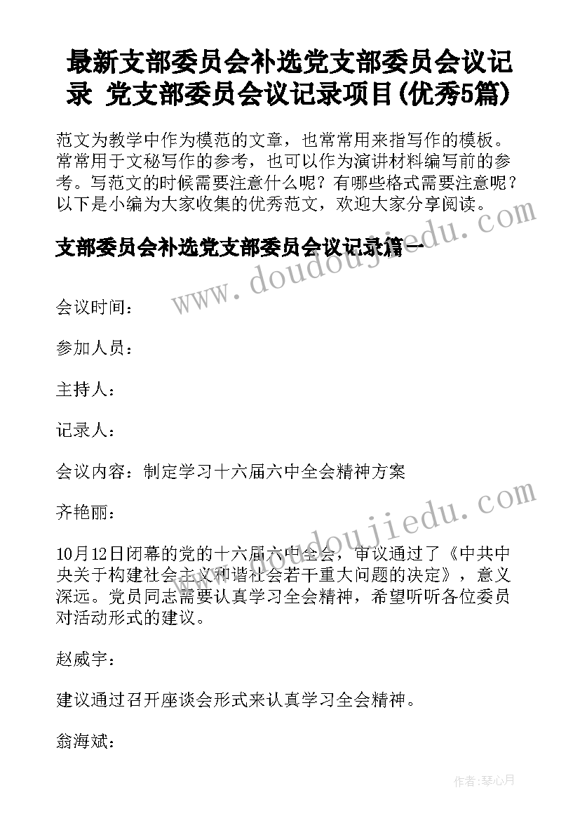 最新支部委员会补选党支部委员会议记录 党支部委员会议记录项目(优秀5篇)