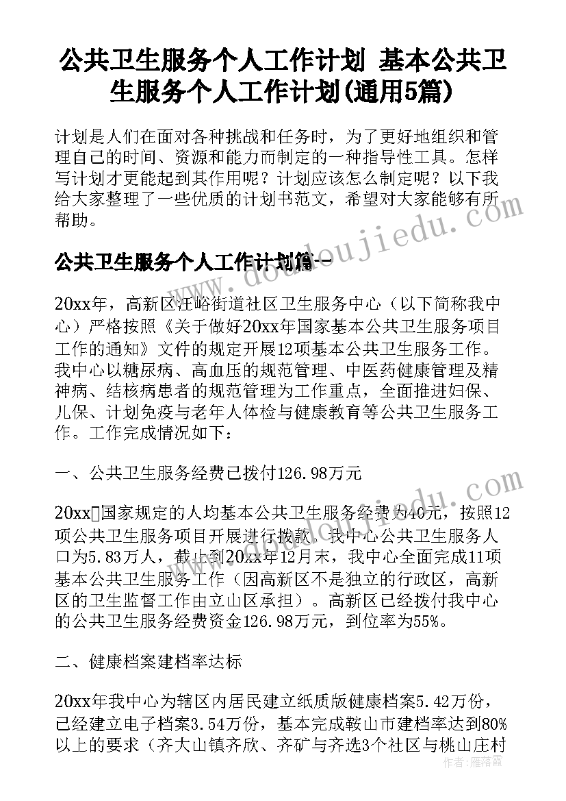 公共卫生服务个人工作计划 基本公共卫生服务个人工作计划(通用5篇)