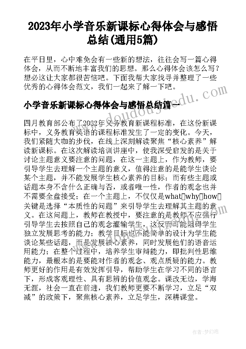 2023年小学音乐新课标心得体会与感悟总结(通用5篇)