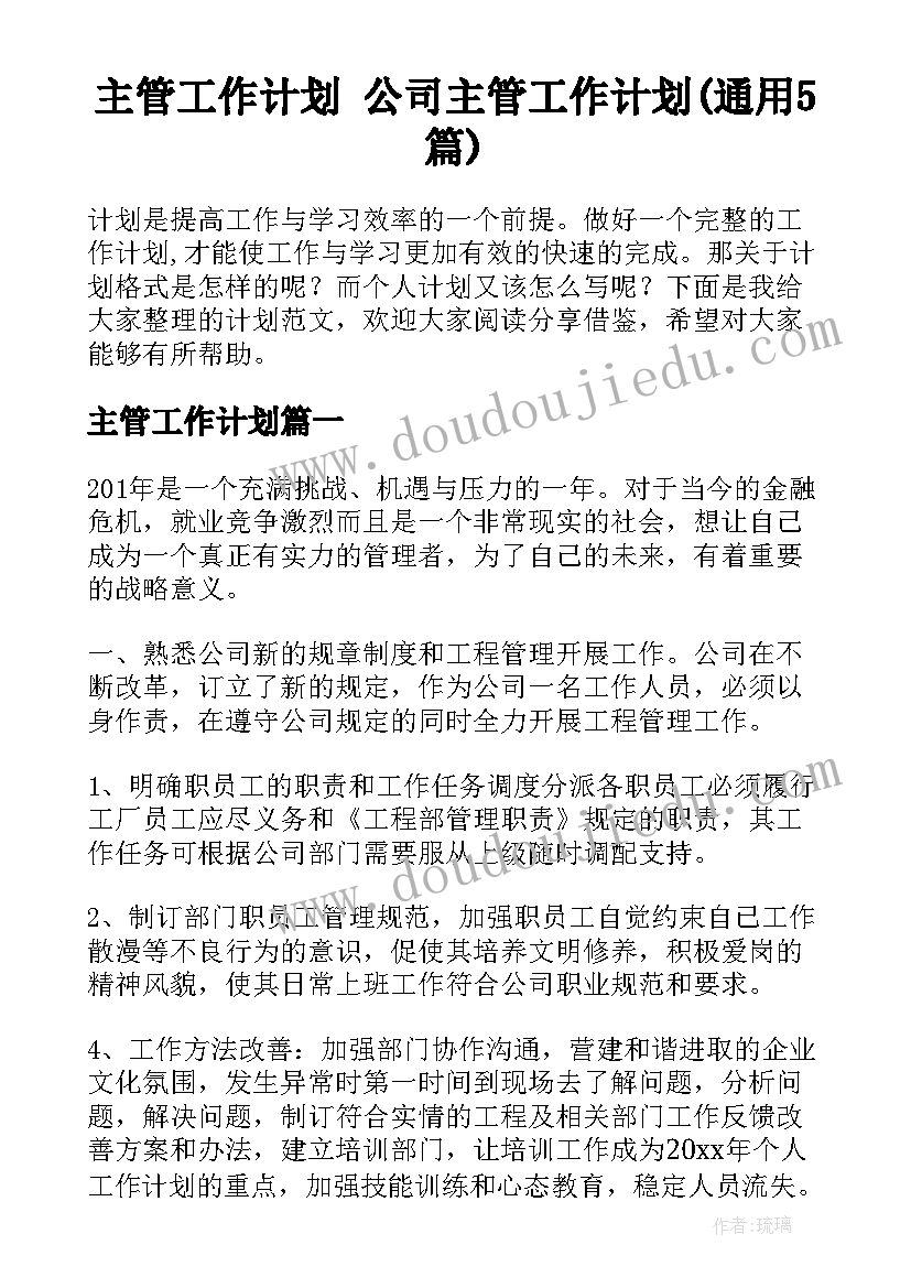 主管工作计划 公司主管工作计划(通用5篇)