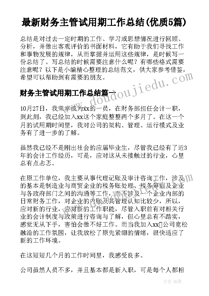 最新财务主管试用期工作总结(优质5篇)