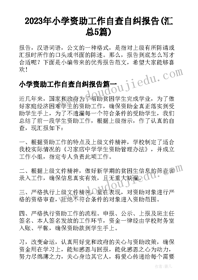 2023年小学资助工作自查自纠报告(汇总5篇)