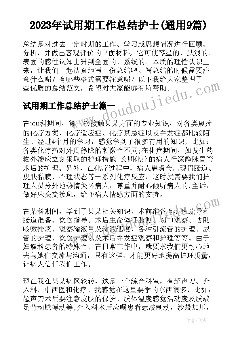 2023年试用期工作总结护士(通用9篇)