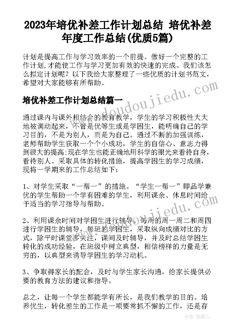 2023年培优补差工作计划总结 培优补差年度工作总结(优质5篇)