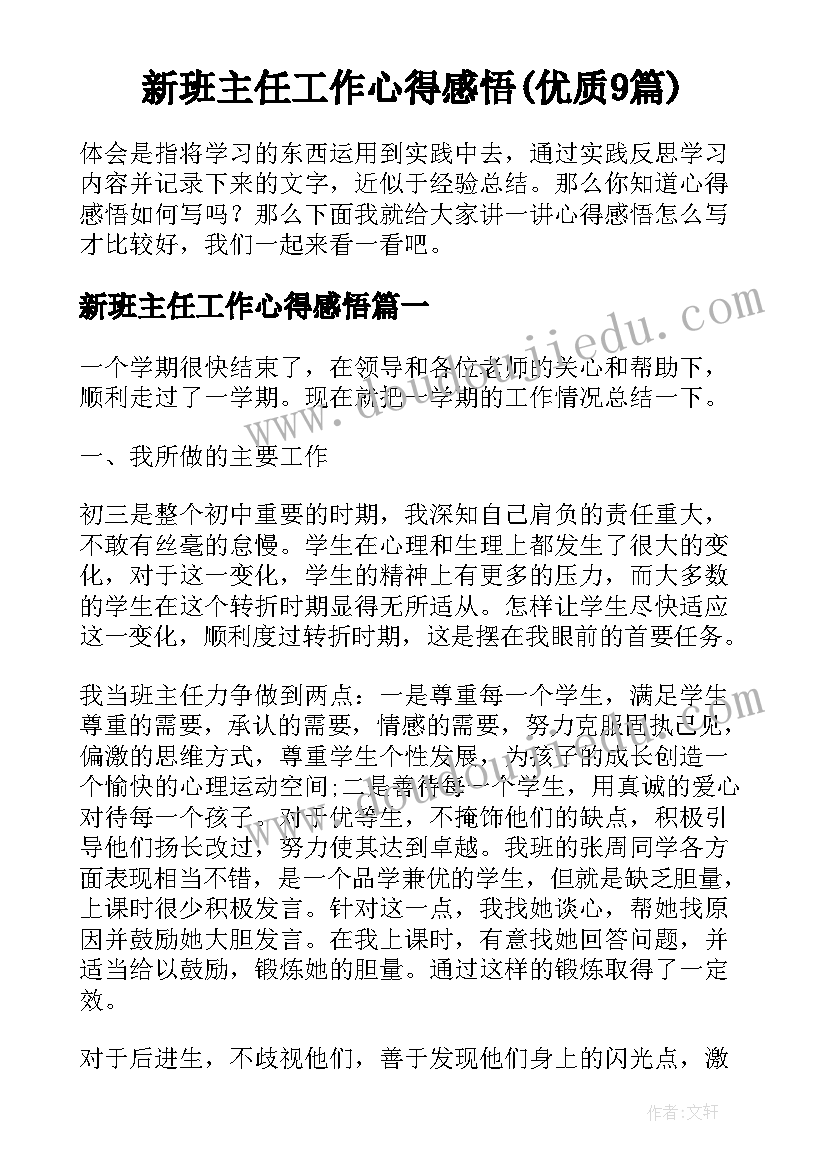 新班主任工作心得感悟(优质9篇)