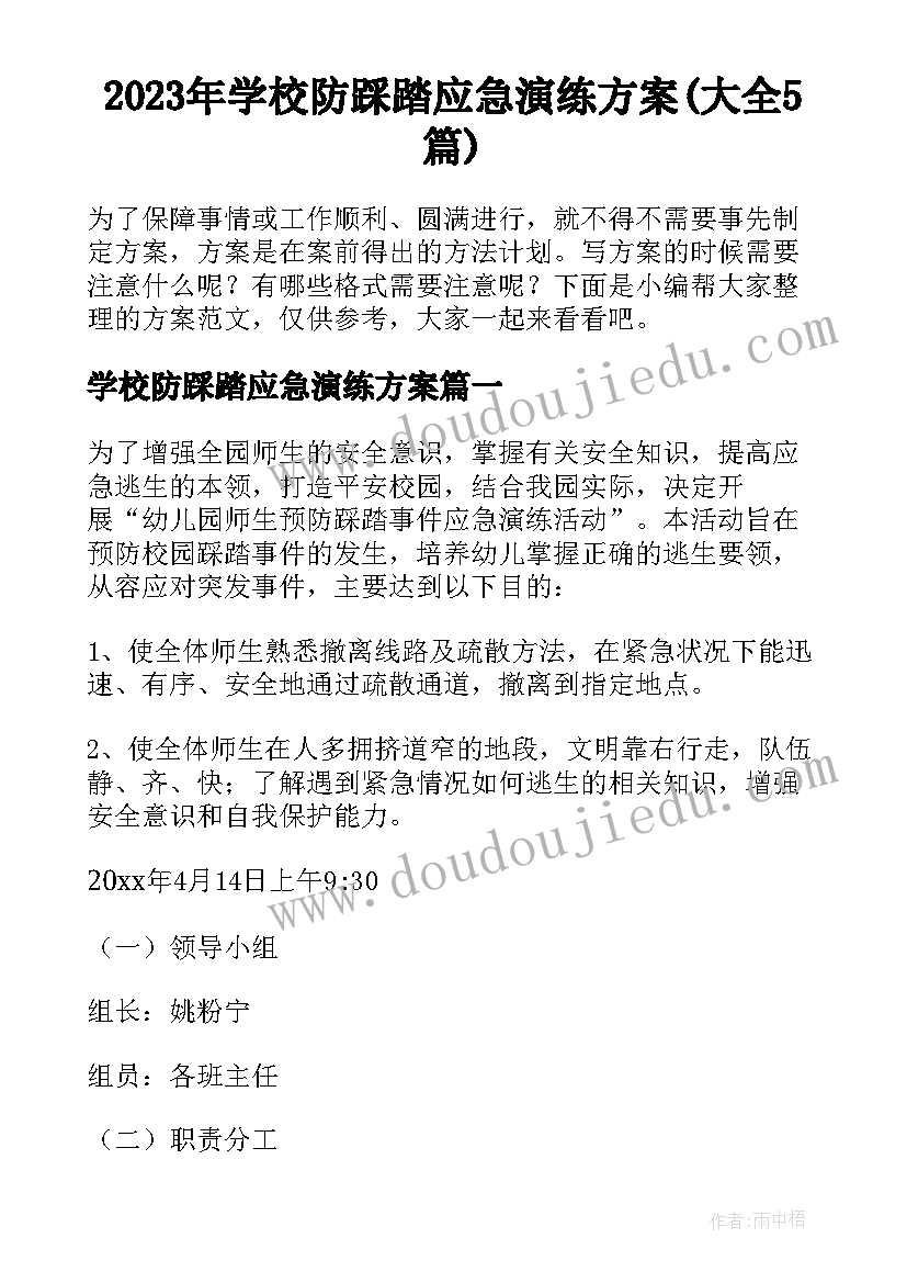 2023年学校防踩踏应急演练方案(大全5篇)