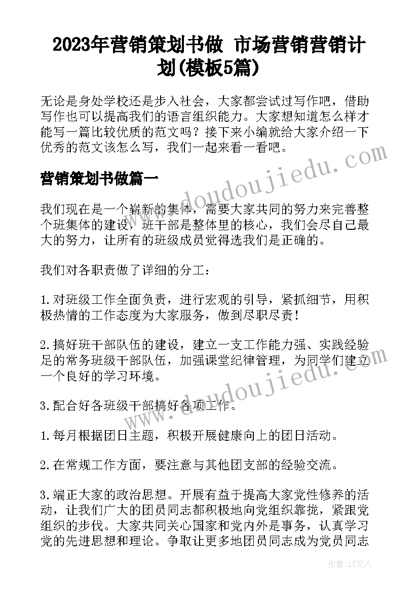 2023年营销策划书做 市场营销营销计划(模板5篇)