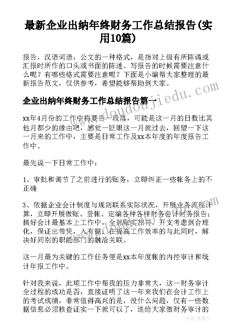 最新企业出纳年终财务工作总结报告(实用10篇)