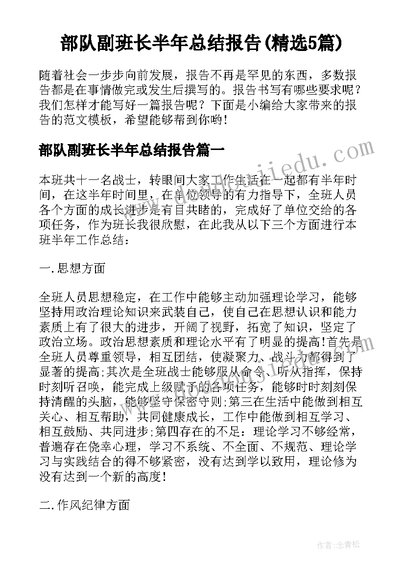 部队副班长半年总结报告(精选5篇)