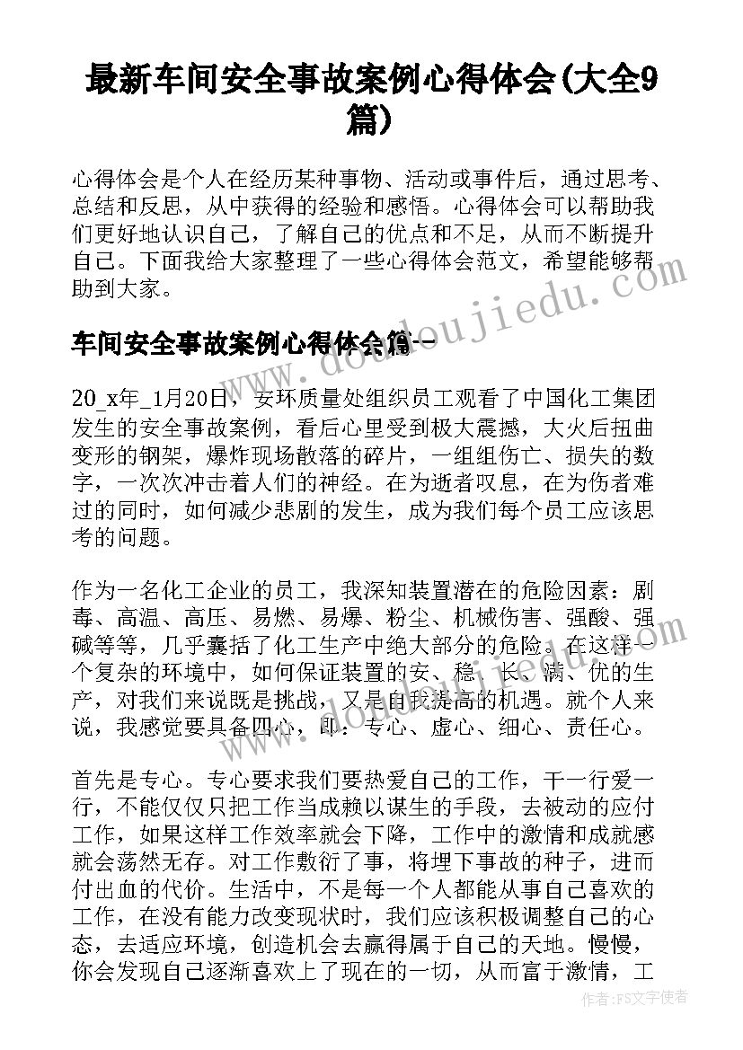 最新车间安全事故案例心得体会(大全9篇)