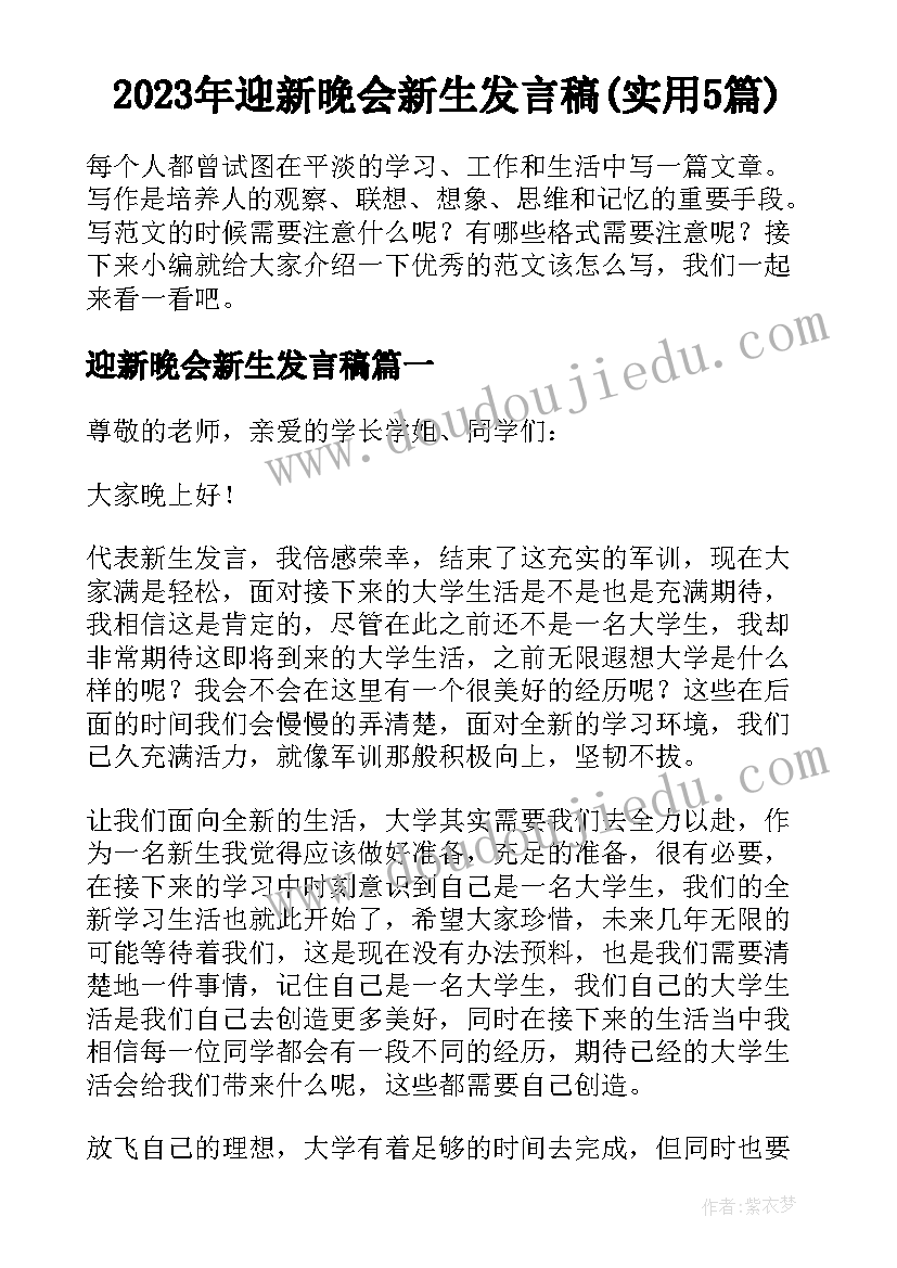 2023年迎新晚会新生发言稿(实用5篇)