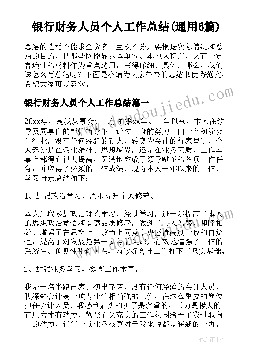 银行财务人员个人工作总结(通用6篇)