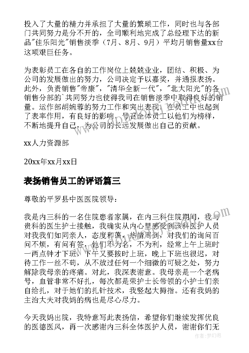 最新表扬销售员工的评语 写给销售员的表扬信(模板5篇)