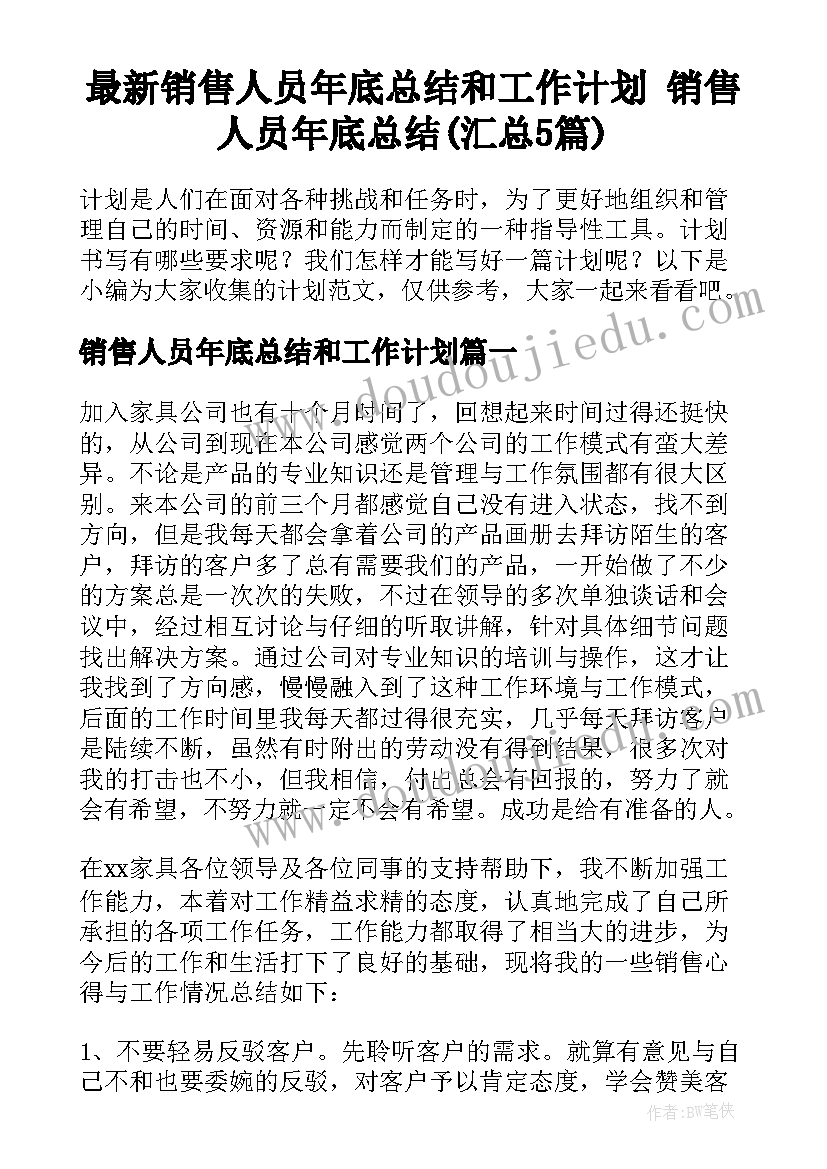 最新销售人员年底总结和工作计划 销售人员年底总结(汇总5篇)