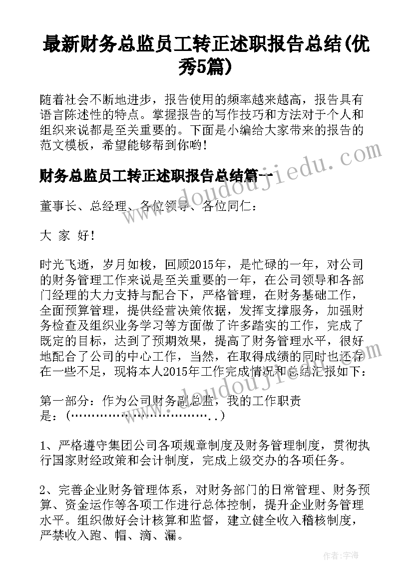 最新财务总监员工转正述职报告总结(优秀5篇)