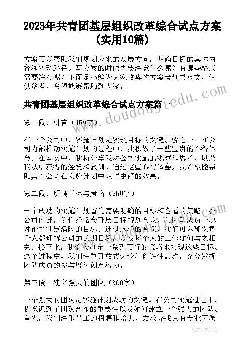 2023年共青团基层组织改革综合试点方案(实用10篇)