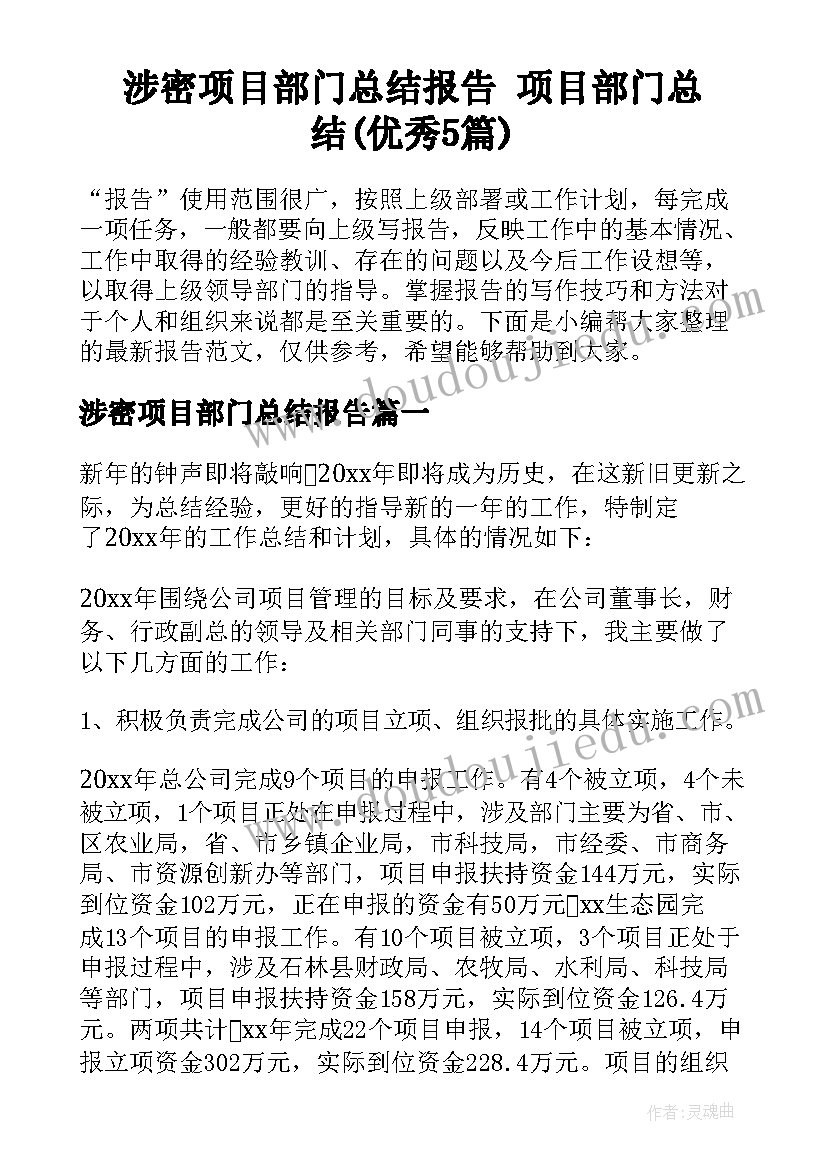 涉密项目部门总结报告 项目部门总结(优秀5篇)