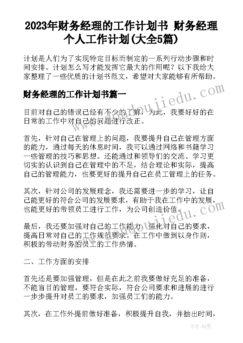 2023年财务经理的工作计划书 财务经理个人工作计划(大全5篇)