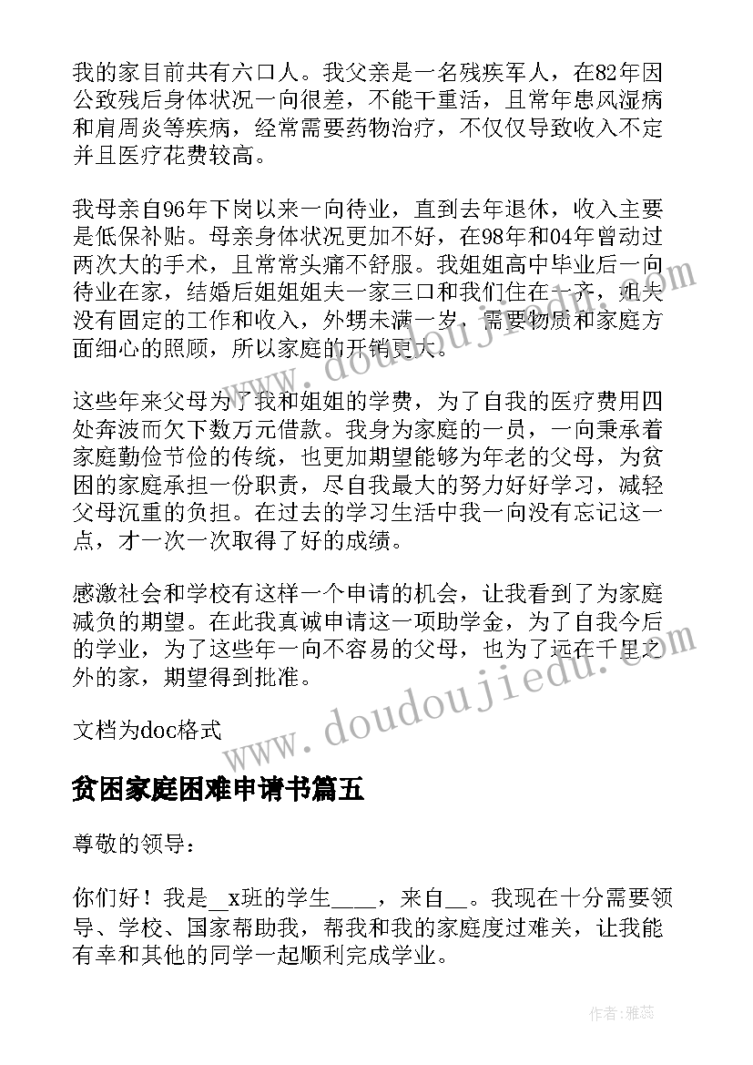 最新贫困家庭困难申请书(优秀5篇)